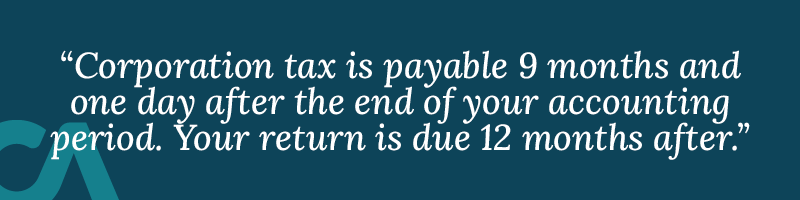 Corporation tax is payable nine months and one day after the end of your accounting period. Your return is due twelve months after.